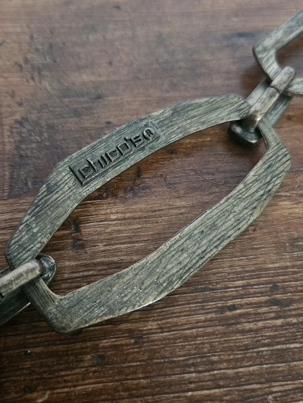 Chicos Bronze Tone Metallic Chain Belt Hammered Links Brutalist Antiqued